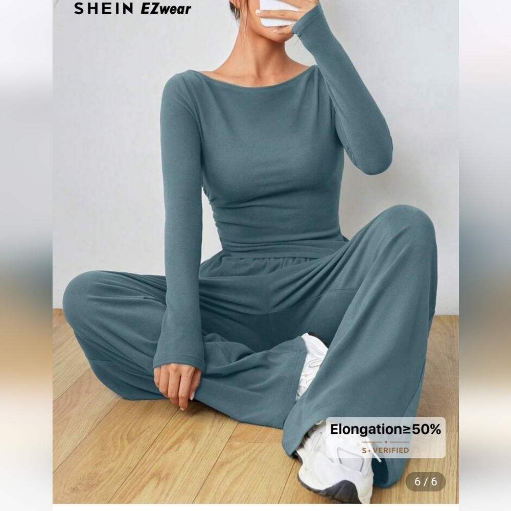 Teal Long Sleeve Top and Wide-Leg Pants Set - Picture 9 of 9